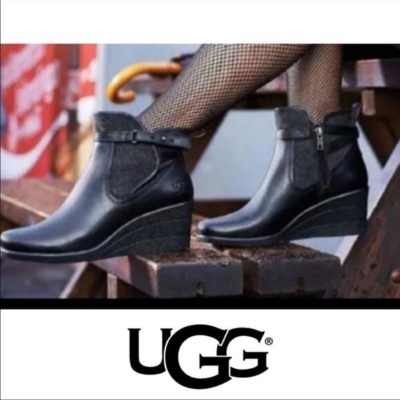 Ugg Emalie Moto Buckle Wedge Leather Lined Heels Boots Shoes Bootie - Picture 1 of 14